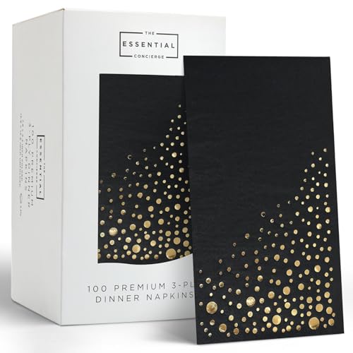 The Essential Concierge Stylish Black Dinner Napkins Disposable 75x425 Inch Black and Gold Dinner Napkins 100 Count Black and Gold Paper 3Ply Napkins